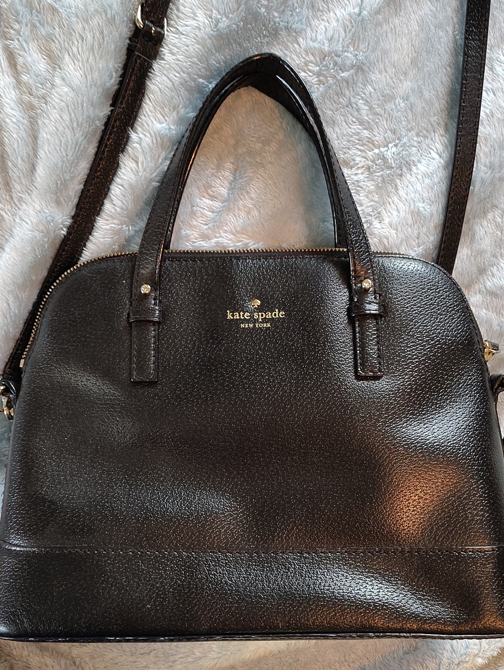 kate spade Large Black Pebbled Leather Dome Satchel with Gold Logo
